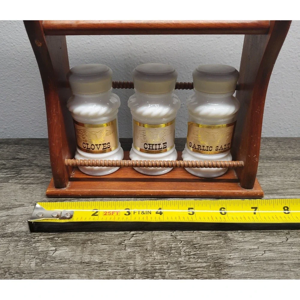 Vintage Double Tiered Wooden Spice Rack W/ 6 Milk Glass Spice Jars Farmhouse